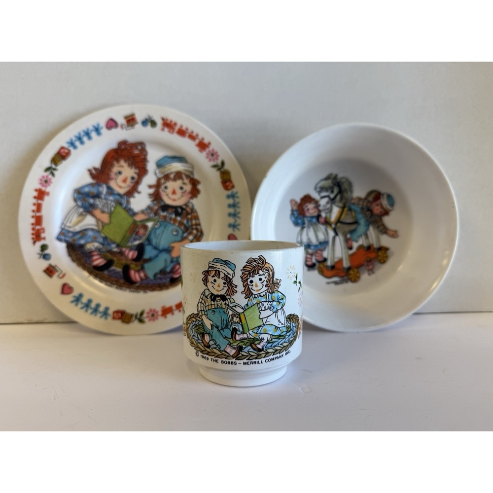 Plate Bowl Cup set The Bobbs Raggedy Anne & Andy 1969 Merrill Company Oneida VTG
